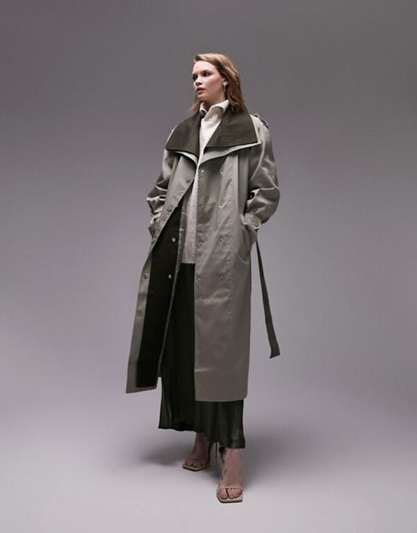 トップショップ レディース コート アウター Topshop Tailored double layered funnel neck trench in sage Khaki