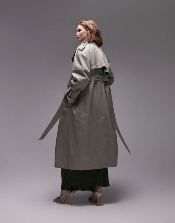 トップショップ レディース コート アウター Topshop Tailored double layered funnel neck trench in sage Khaki