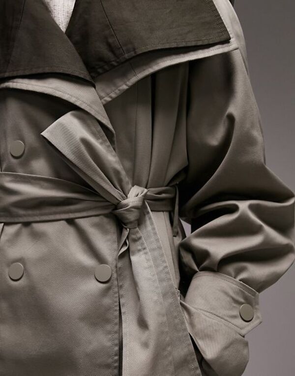 トップショップ レディース コート アウター Topshop Tailored double layered funnel neck trench in sage Khaki