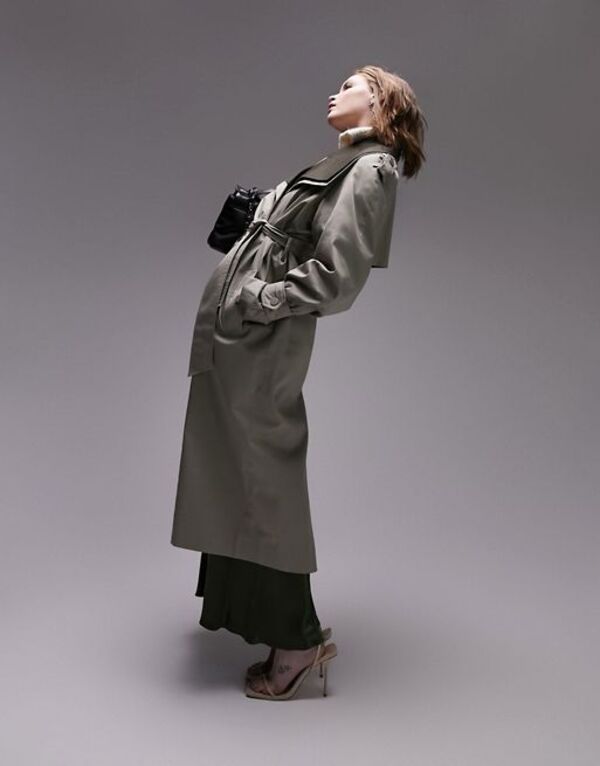 トップショップ レディース コート アウター Topshop Tailored double layered funnel neck trench in sage Khaki
