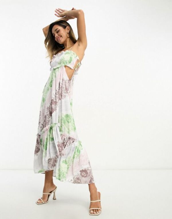 エイソス レディース ワンピース トップス ASOS DESIGN ruched bust midi dress with tie detail and cut out in patch floral print PATCH FLORAL PRINT