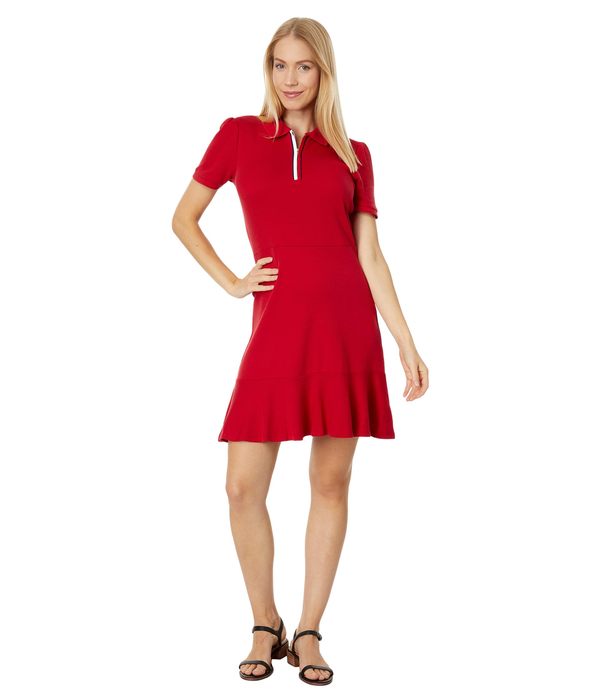 トミー ヒルフィガー レディース ワンピース トップス Global Short Sleeve Zip Polo Dress Chili Pepper