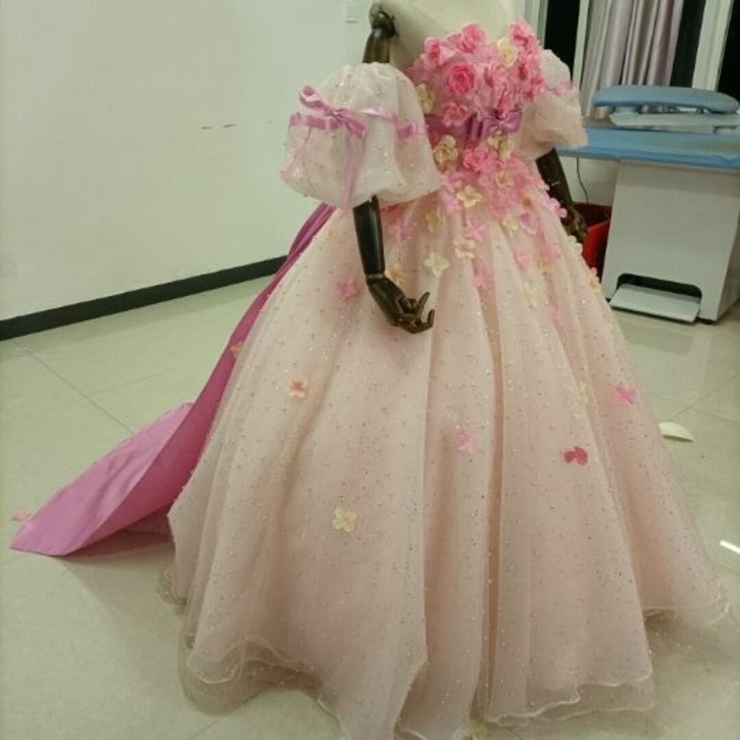 豪華!レインボー カラードレス ラッフルフリル 挙式 トレーン ベアトップ結婚式