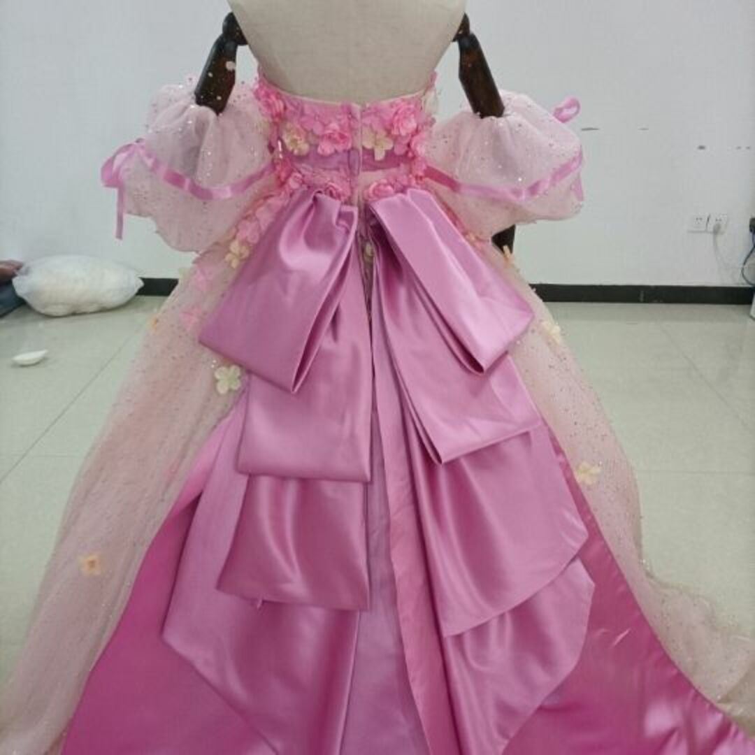 豪華!レインボー カラードレス ラッフルフリル 挙式 トレーン ベアトップ結婚式