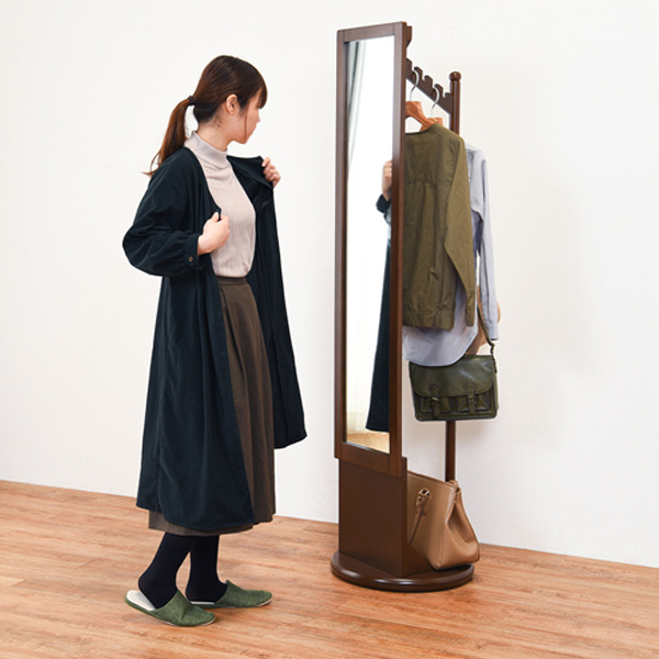 ハンガーラック 回転式 ミラー付 天然木フレーム 幅45cm （ 鏡 ミラー コートハンガー 衣類収納 洋服掛け コート掛け 鏡付き 木製 シンプ