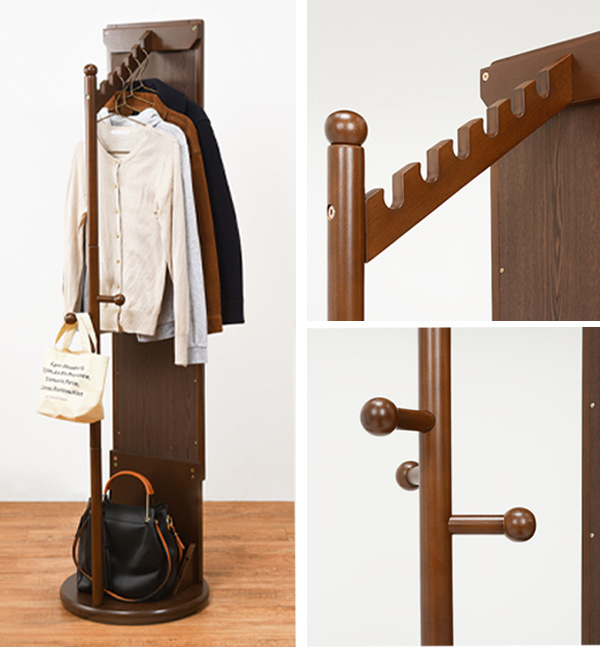 ハンガーラック 回転式 ミラー付 天然木フレーム 幅45cm （ 鏡 ミラー コートハンガー 衣類収納 洋服掛け コート掛け 鏡付き 木製 シンプ