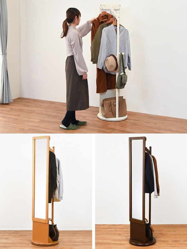 ハンガーラック 回転式 ミラー付 天然木フレーム 幅45cm （ 鏡 ミラー コートハンガー 衣類収納 洋服掛け コート掛け 鏡付き 木製 シンプ