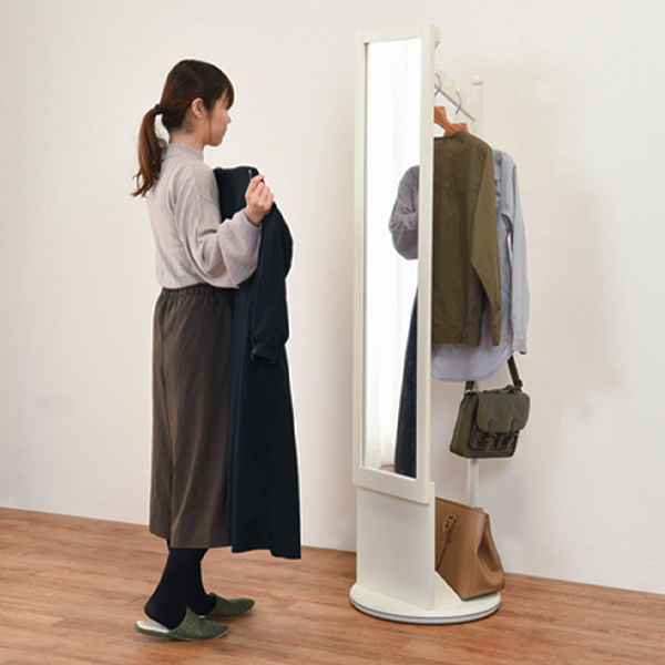 ハンガーラック 回転式 ミラー付 天然木フレーム 幅45cm ( 鏡 ミラー コートハンガー 衣類収納 洋服掛け コート掛け 鏡付き 木製 シンプ