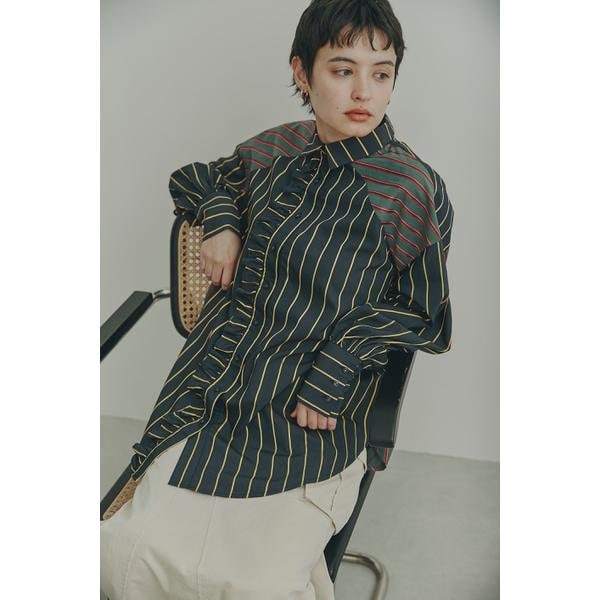 ローズバッド(ROSE BUD)/フリルフロント マルチストライプ パネルシャツ