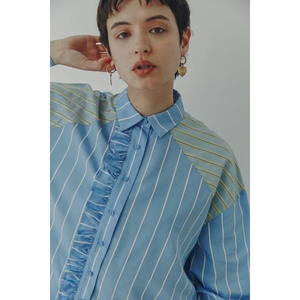 ローズバッド(ROSE BUD)/フリルフロント マルチストライプ パネルシャツ