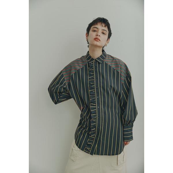 ローズバッド(ROSE BUD)/フリルフロント マルチストライプ パネルシャツ