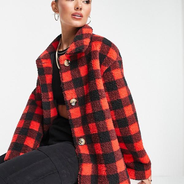 アンリアル ファー シーシェル ボタンダウン テディ ジャケット、レッド マルチ アウター レディース 女性 インポートブランド 小さいサイズから大きいサイズまで