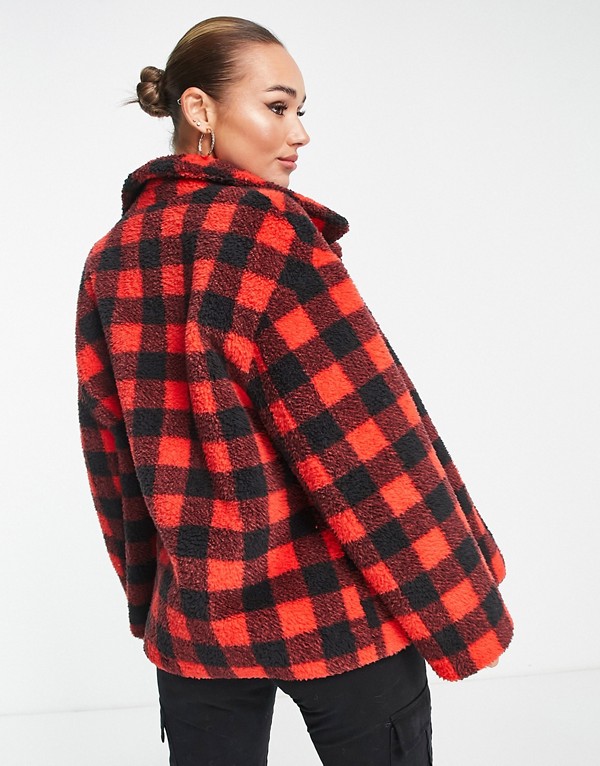 アンリアル ファー シーシェル ボタンダウン テディ ジャケット、レッド マルチ アウター レディース 女性 インポートブランド 小さいサイズから大きいサイズまで