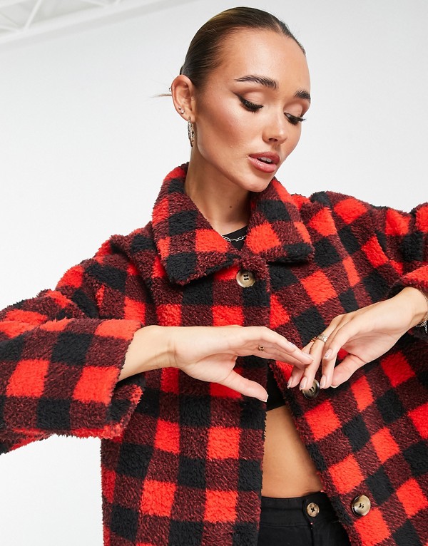 アンリアル ファー シーシェル ボタンダウン テディ ジャケット、レッド マルチ アウター レディース 女性 インポートブランド 小さいサイズから大きいサイズまで