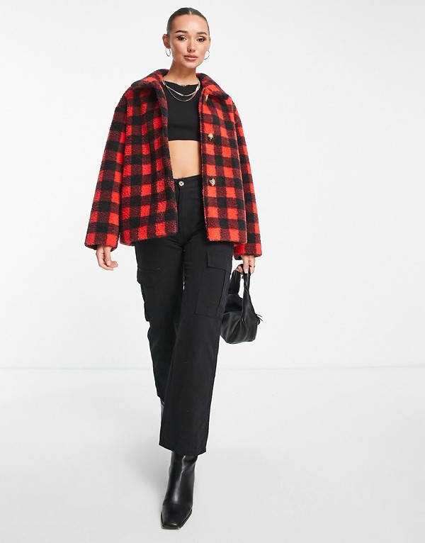 アンリアル ファー シーシェル ボタンダウン テディ ジャケット、レッド マルチ アウター レディース 女性 インポートブランド 小さいサイズから大きいサイズまで