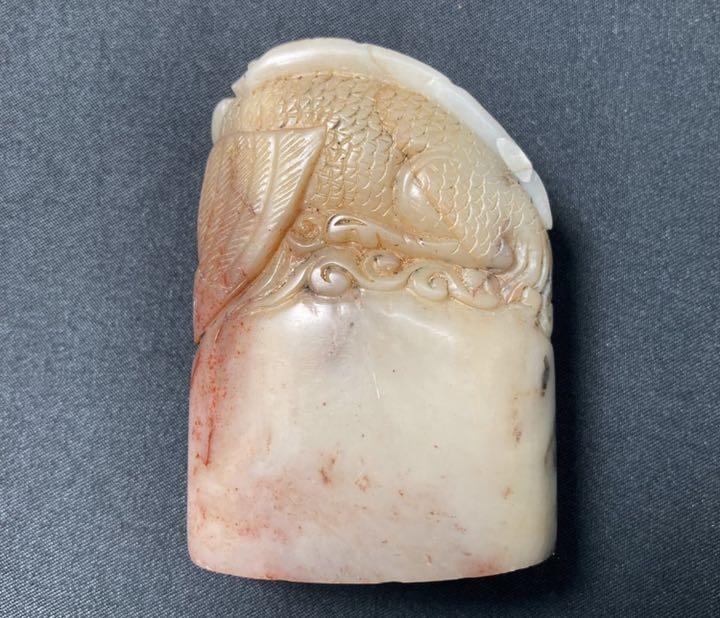 龍 寿山石 中国 印材 古 古玩 1点 天然石 印鑑 赤 石 白石 91.7g