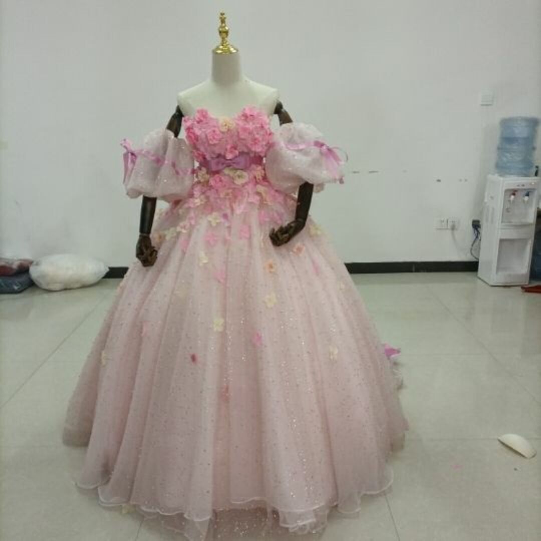 豪華!レインボー カラードレス ラッフルフリル 挙式 トレーン ベアトップ結婚式