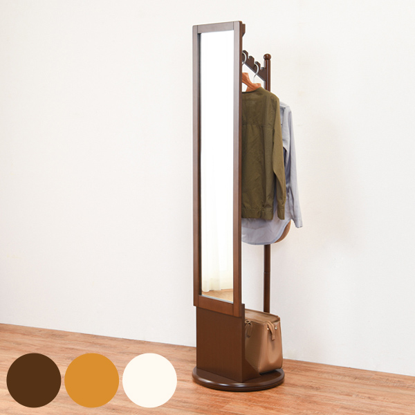 ハンガーラック 回転式 ミラー付 天然木フレーム 幅45cm （ 鏡 ミラー コートハンガー 衣類収納 洋服掛け コート掛け 鏡付き 木製 シンプ
