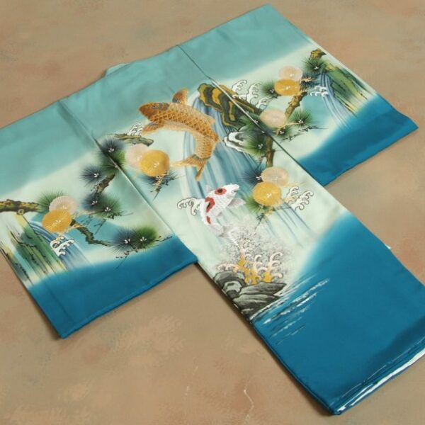 お宮参り 着物 男の子 正絹初着 濃淡水色青染め分け 総刺繍鯉の滝登り 金彩 手描き 変わり無地縮緬生地 日本製